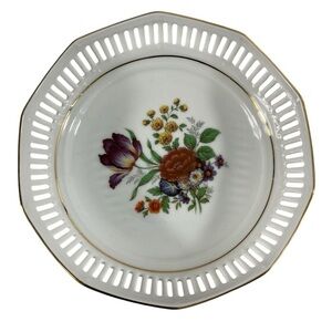 Vintage Schwarzenhammer Bavaria Reticulated Porcelain Bowl Floral Gold Trim 7.5”